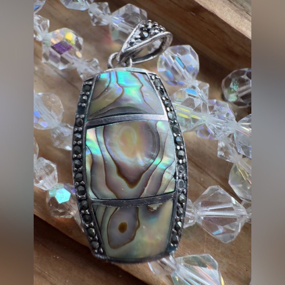 Vintage Sterling Silver Abalone Sectioned Pendant Necklace with Marcasite